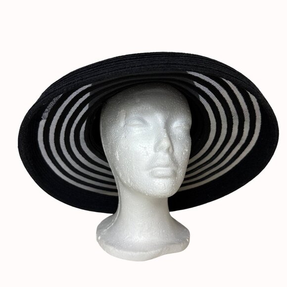 Black Wide Brim Sun Hat Sheer Stripe Beach Elegant Summer Floppy Resort Chic - Picture 2 of 16